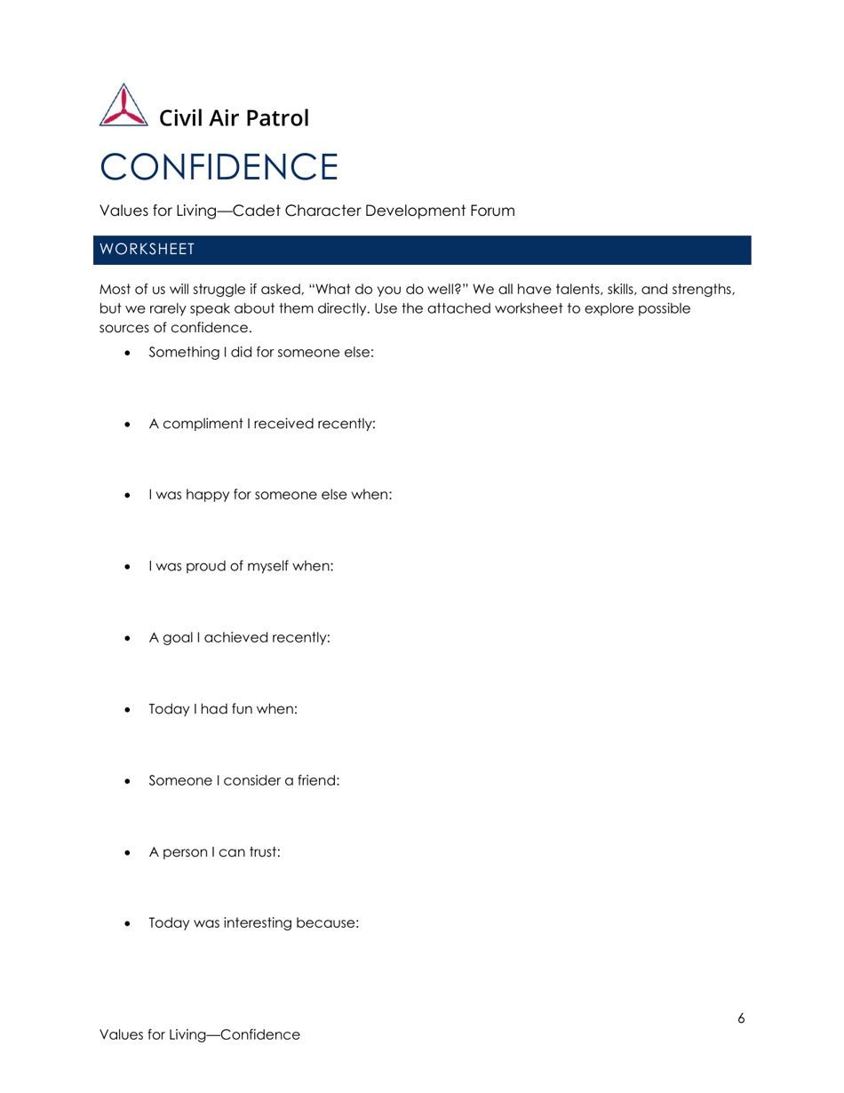Confidence Worksheet, Page 1