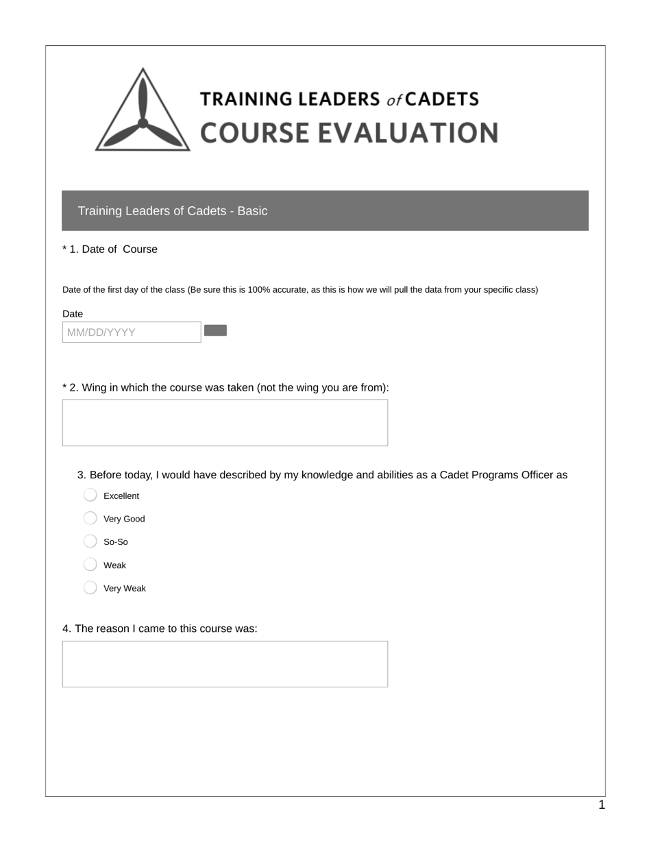 Training Leaders of Cadets Course Evaluation, Page 1
