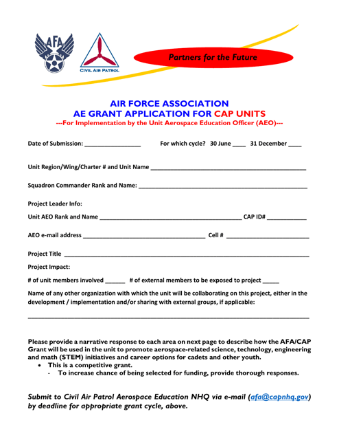 Air Force Association AE Grant Application for CAP Units Download Pdf