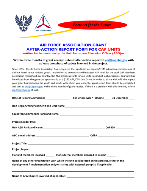 Air Force Association Grant After-Action Report Form for CAP Units Download Pdf