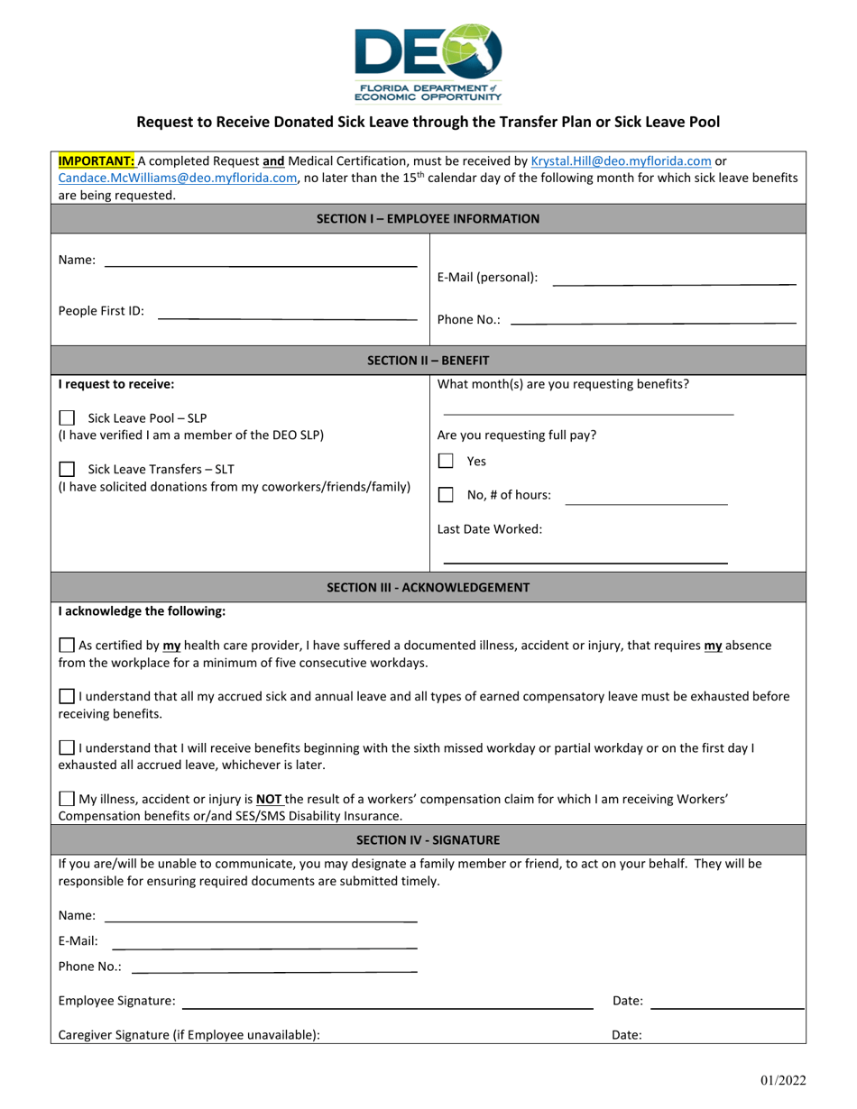 Request to Receive Donated Sick Leave Through the Transfer Plan or Sick Leave Pool - Florida, Page 1