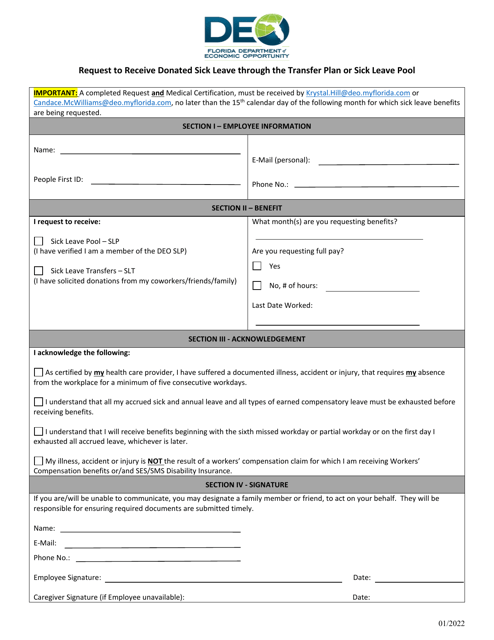 Request to Receive Donated Sick Leave Through the Transfer Plan or Sick Leave Pool - Florida Download Pdf