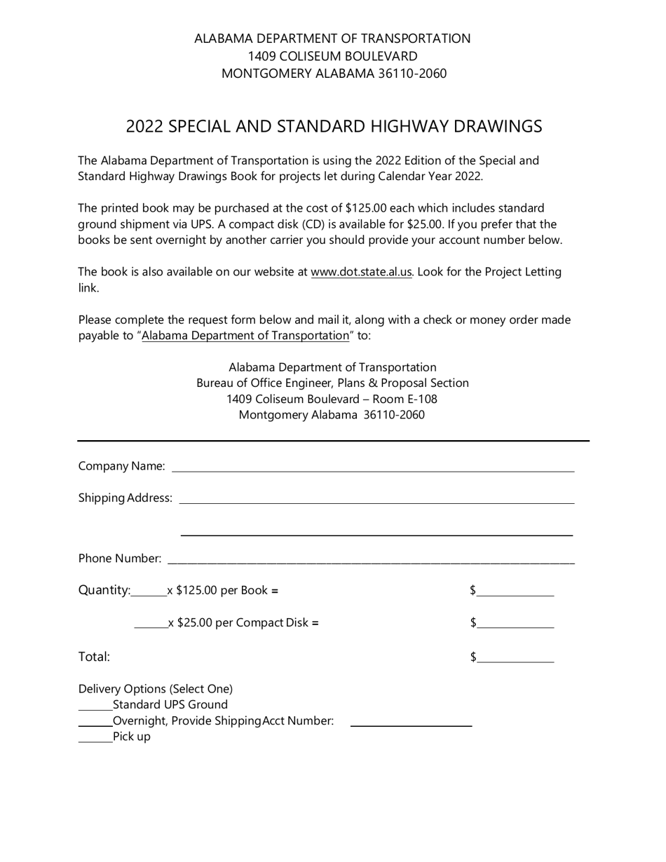 Special and Standard Highway Drawings Order Form - Alabama, Page 1