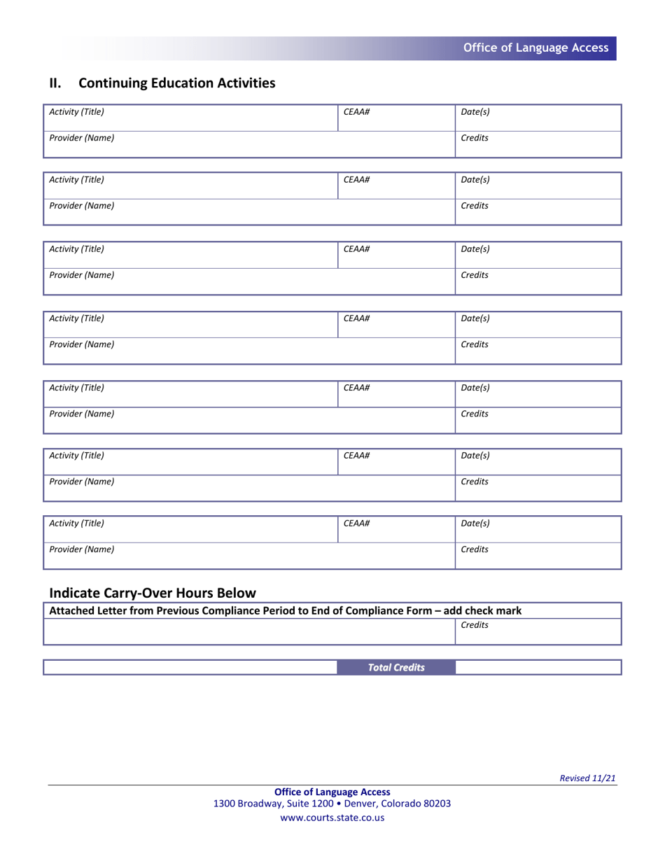Court Interpreter Continuing Education Compliance Form - Colorado, Page 2