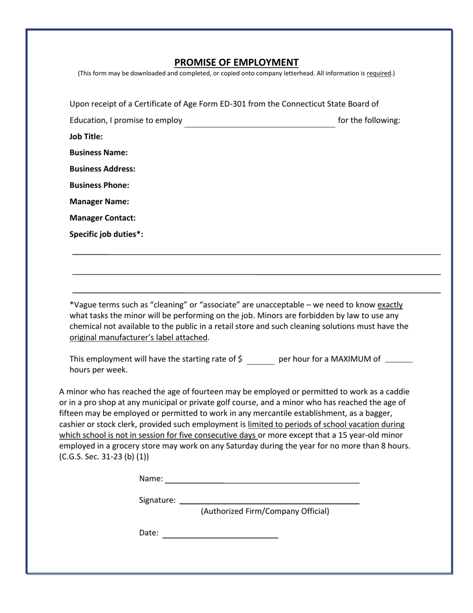 Connecticut Promise Of Employment Fill Out Sign Online And Download Pdf Templateroller 4304