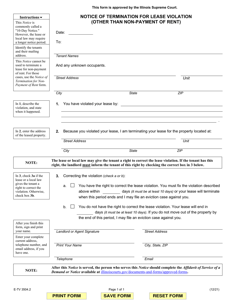 Form E-TV3504.2 Notice of Termination for Lease Violation (Other Than Non-payment of Rent) - Illinois, Page 1