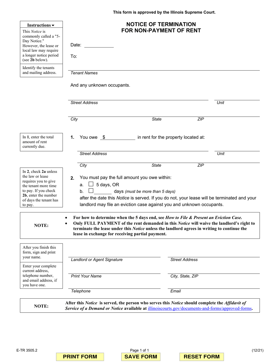 Form E-TR3505.2 Notice of Termination for Non-payment of Rent - Illinois, Page 1