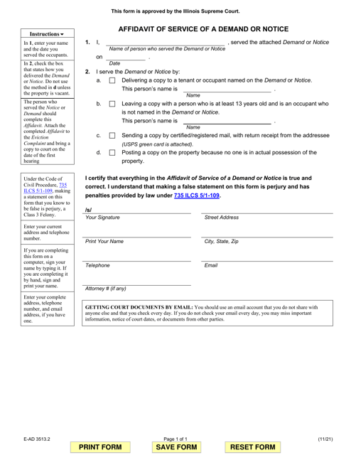 Form E-AD3513.2 Affidavit of Service of a Demand or Notice - Illinois