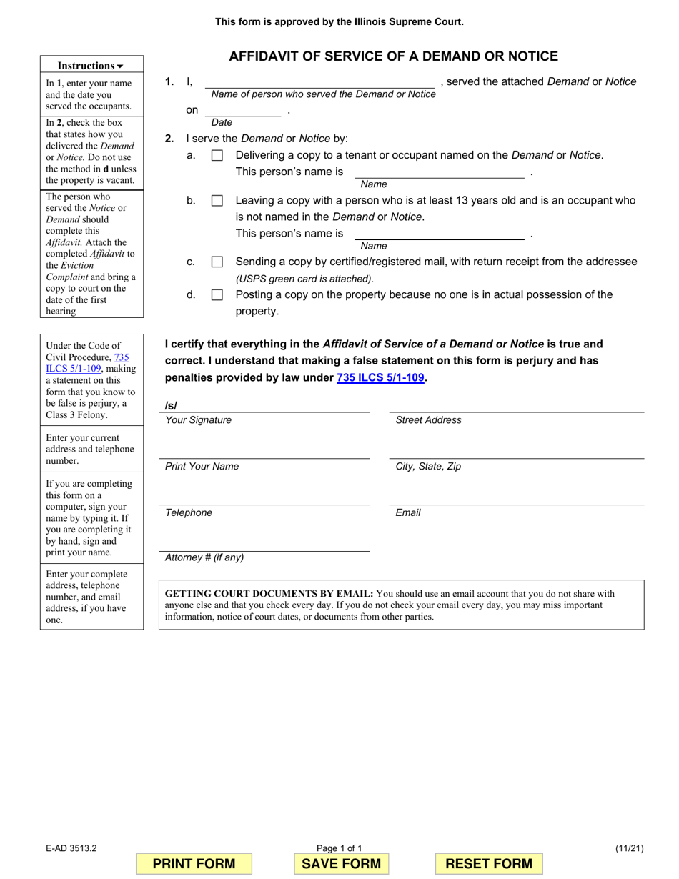 Form E-AD3513.2 Affidavit of Service of a Demand or Notice - Illinois, Page 1