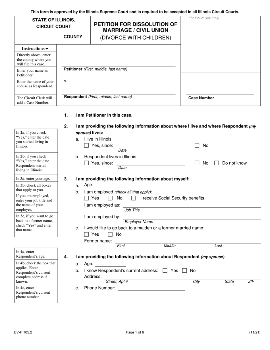 Form DV-P105.2 Petition for Dissolution of Marriage / Civil Union (Divorce With Children) - Illinois, Page 1