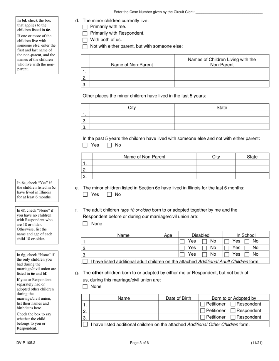 Form DV-P105.2 Petition for Dissolution of Marriage / Civil Union (Divorce With Children) - Illinois, Page 3