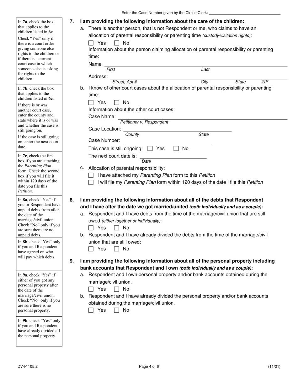 Form DV-P105.2 Petition for Dissolution of Marriage / Civil Union (Divorce With Children) - Illinois, Page 4