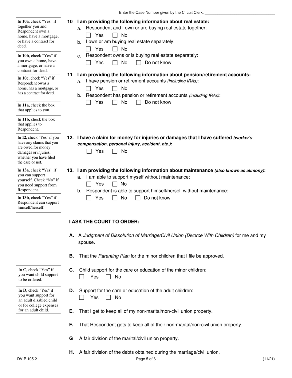 Form DV-P105.2 Petition for Dissolution of Marriage / Civil Union (Divorce With Children) - Illinois, Page 5