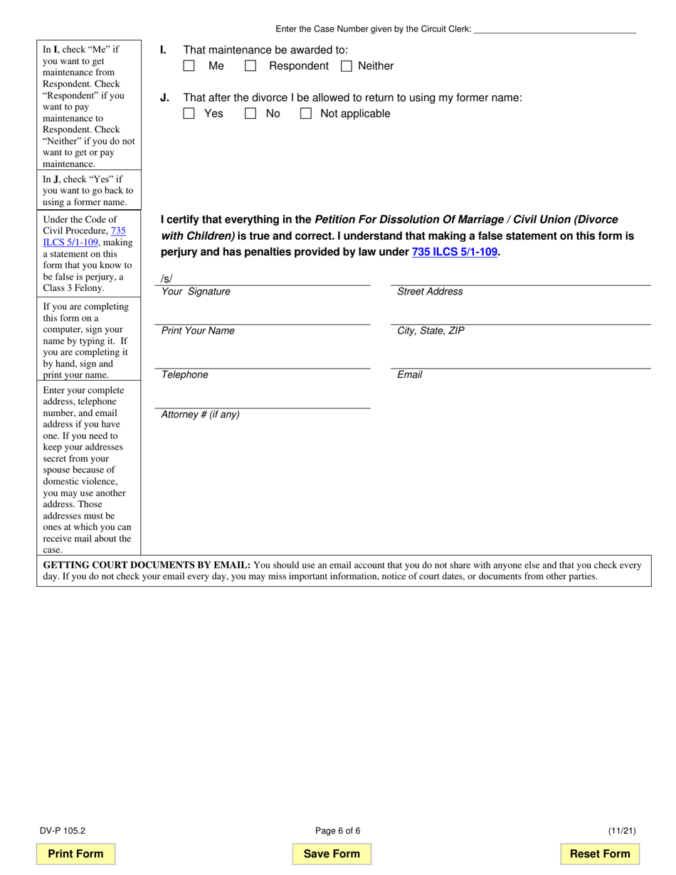 Form DV-P105.2 Petition for Dissolution of Marriage / Civil Union (Divorce With Children) - Illinois, Page 6