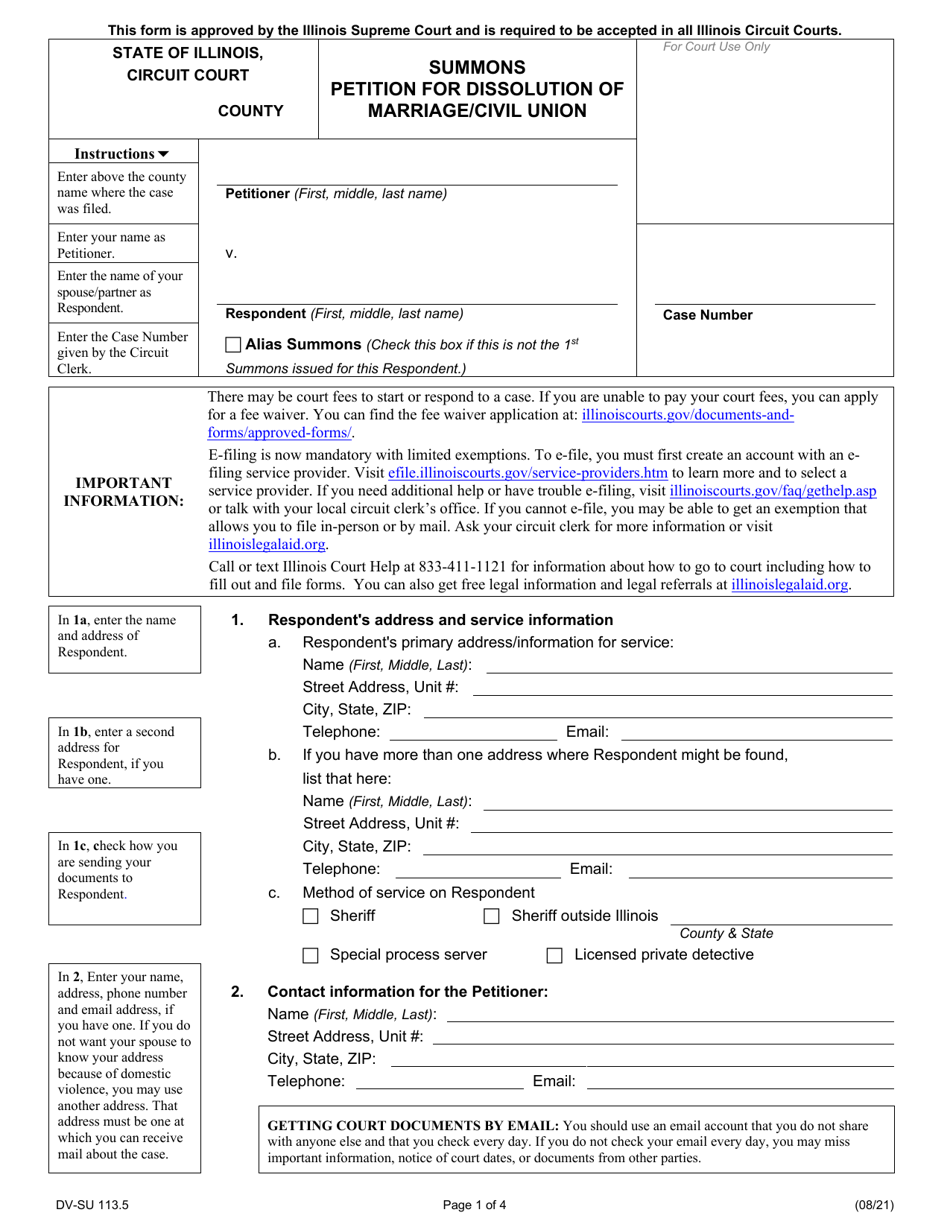 Form DV-SU113.5 Summons Petition for Dissolution of Marriage / Civil Union - Illinois, Page 1