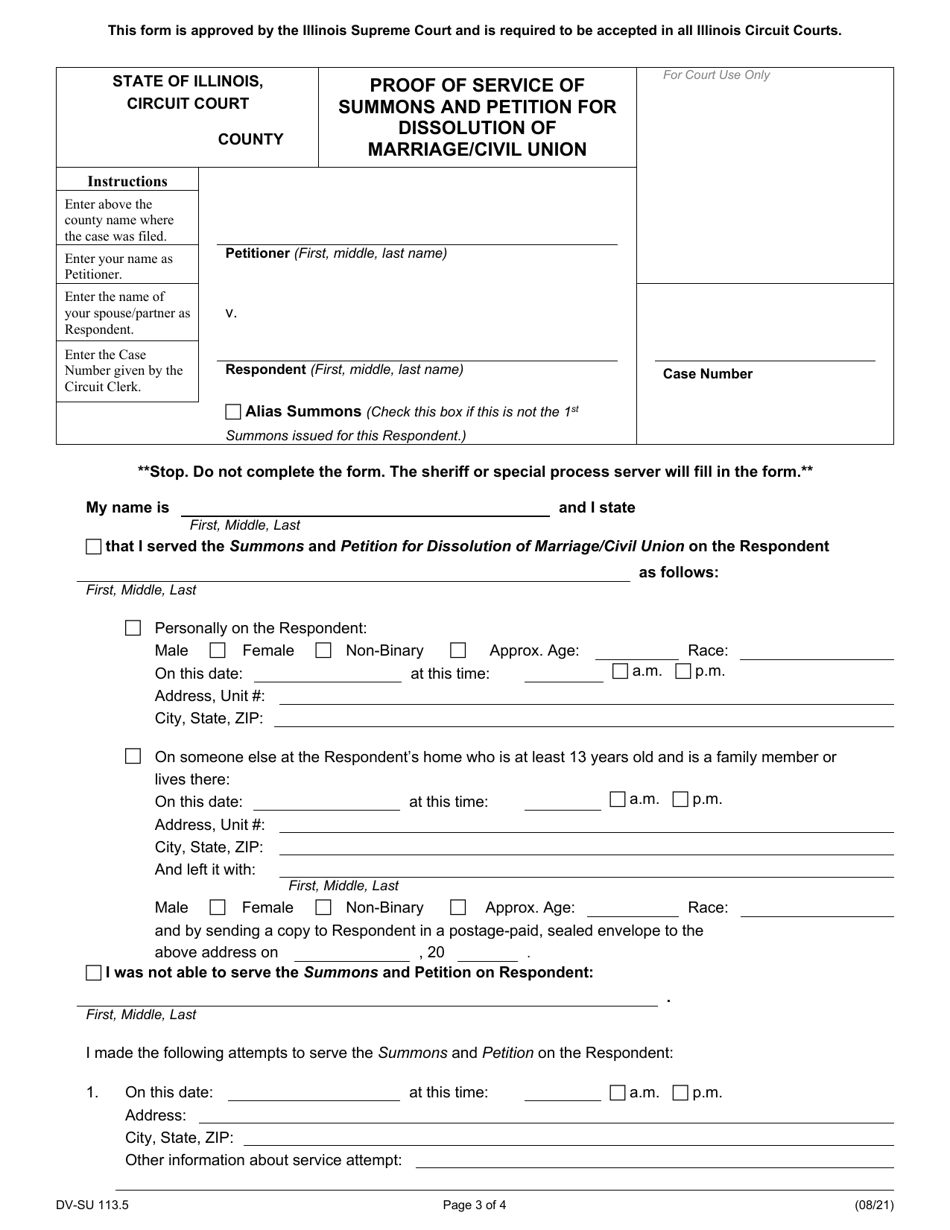 Form DV-SU113.5 Summons Petition for Dissolution of Marriage / Civil Union - Illinois, Page 3
