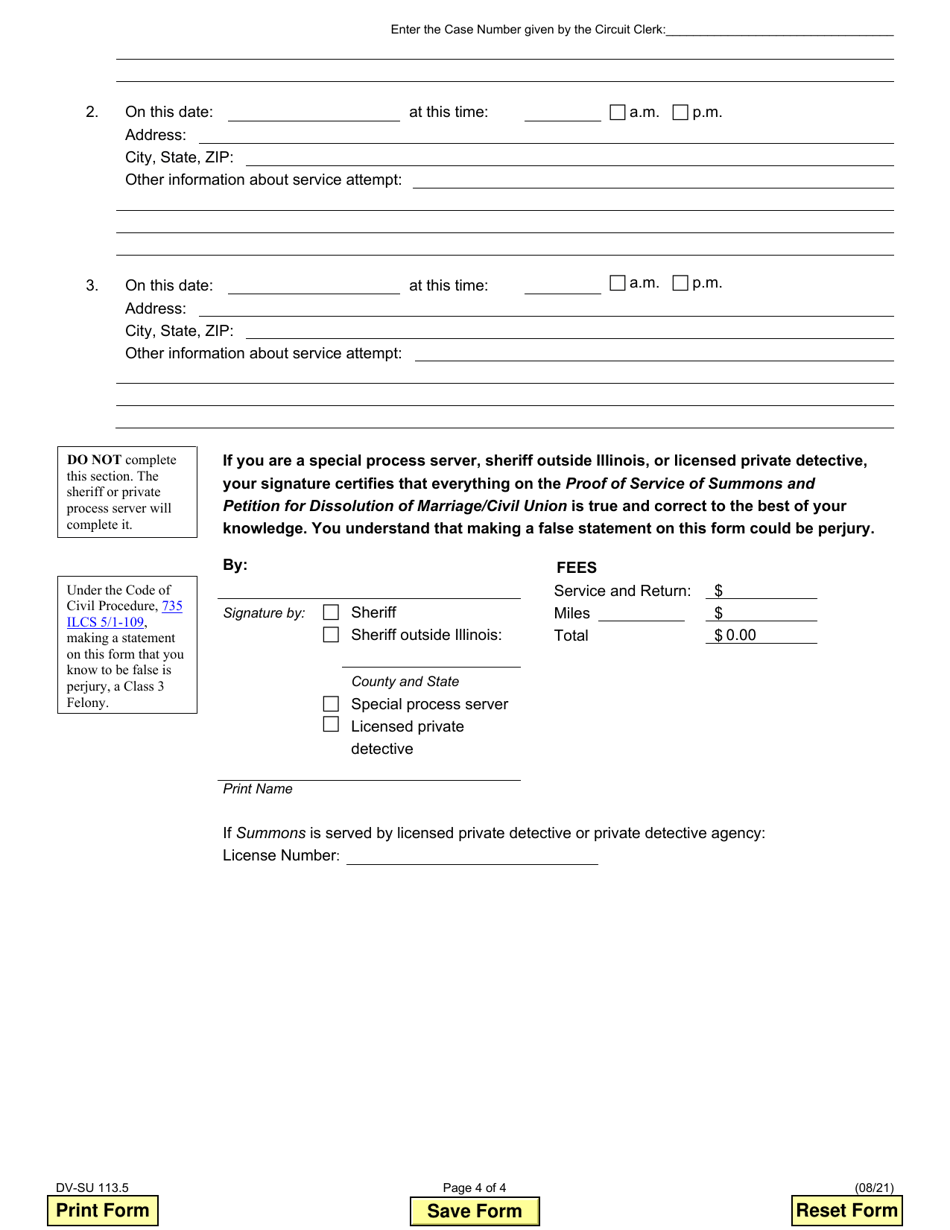 Form DV-SU113.5 Summons Petition for Dissolution of Marriage / Civil Union - Illinois, Page 4