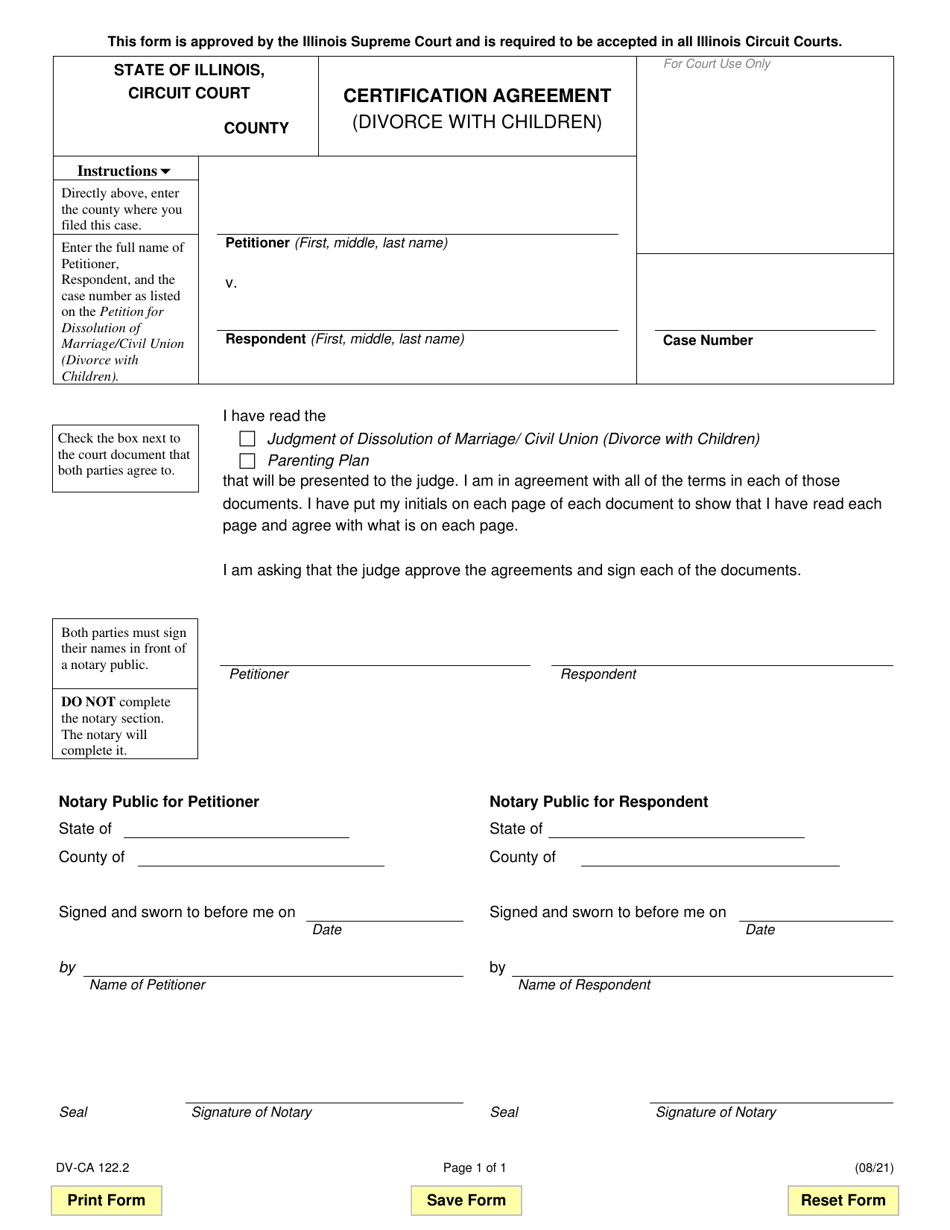 Form DV-CA122.2 Certification Agreement (Divorce With Children) - Illinois, Page 1