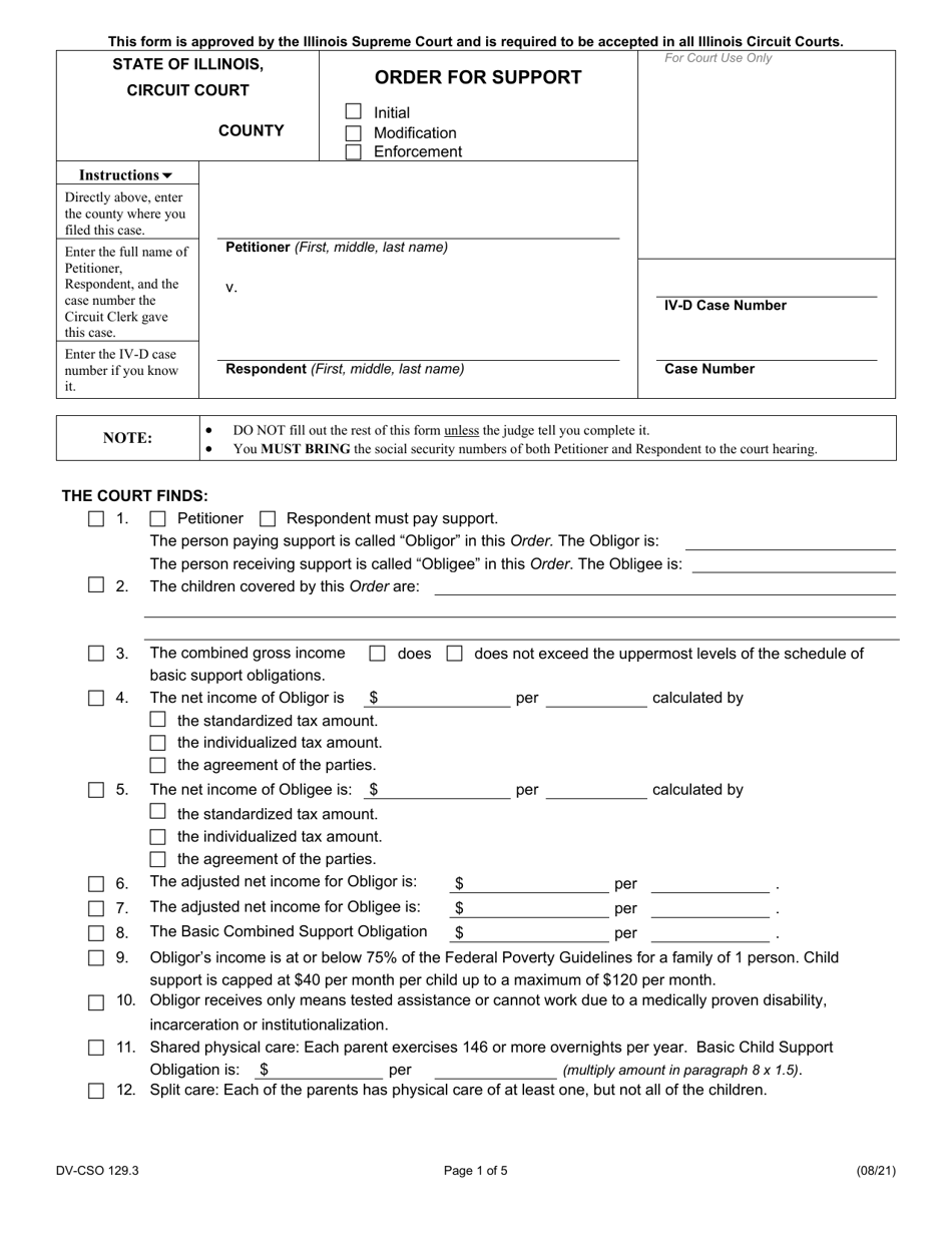 Form DV-CSO129.3 Order for Support - Illinois, Page 1