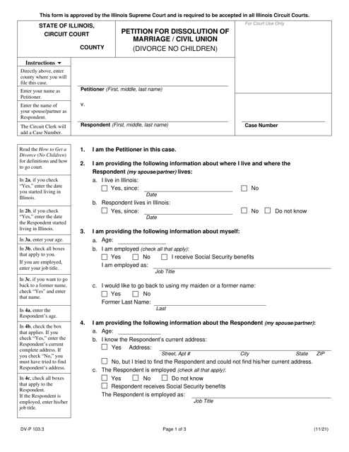 Form DV-P103.3 Petition for Dissolution of Marriage/Civil Union (Divorce No Children) - Illinois