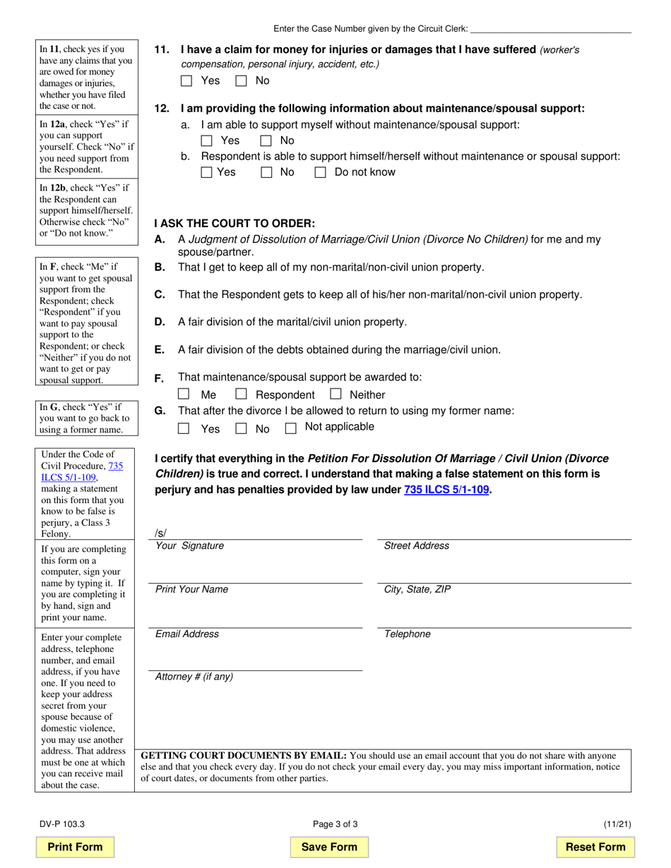 Form DV-P103.3 Petition for Dissolution of Marriage / Civil Union (Divorce No Children) - Illinois, Page 3