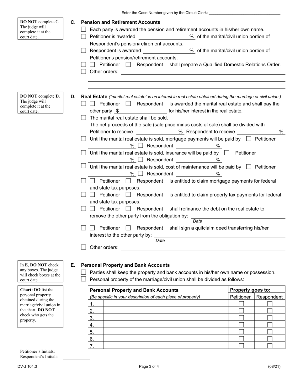 Form DV-J104.3 Judgment of Dissolution of Marriage / Civil Union (Divorce No Children) - Illinois, Page 3