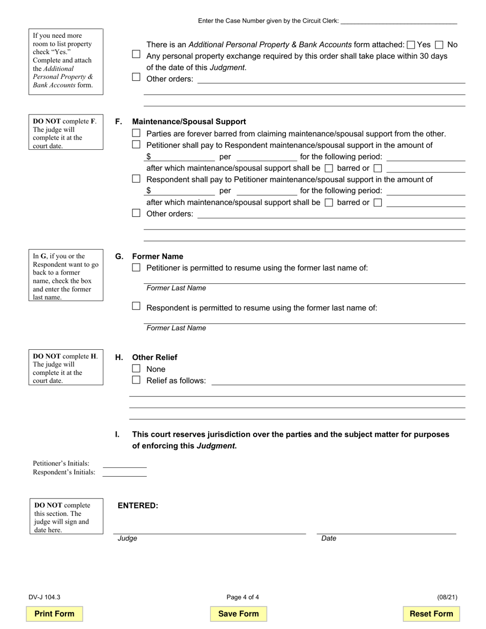 Form DV-J104.3 Judgment of Dissolution of Marriage / Civil Union (Divorce No Children) - Illinois, Page 4