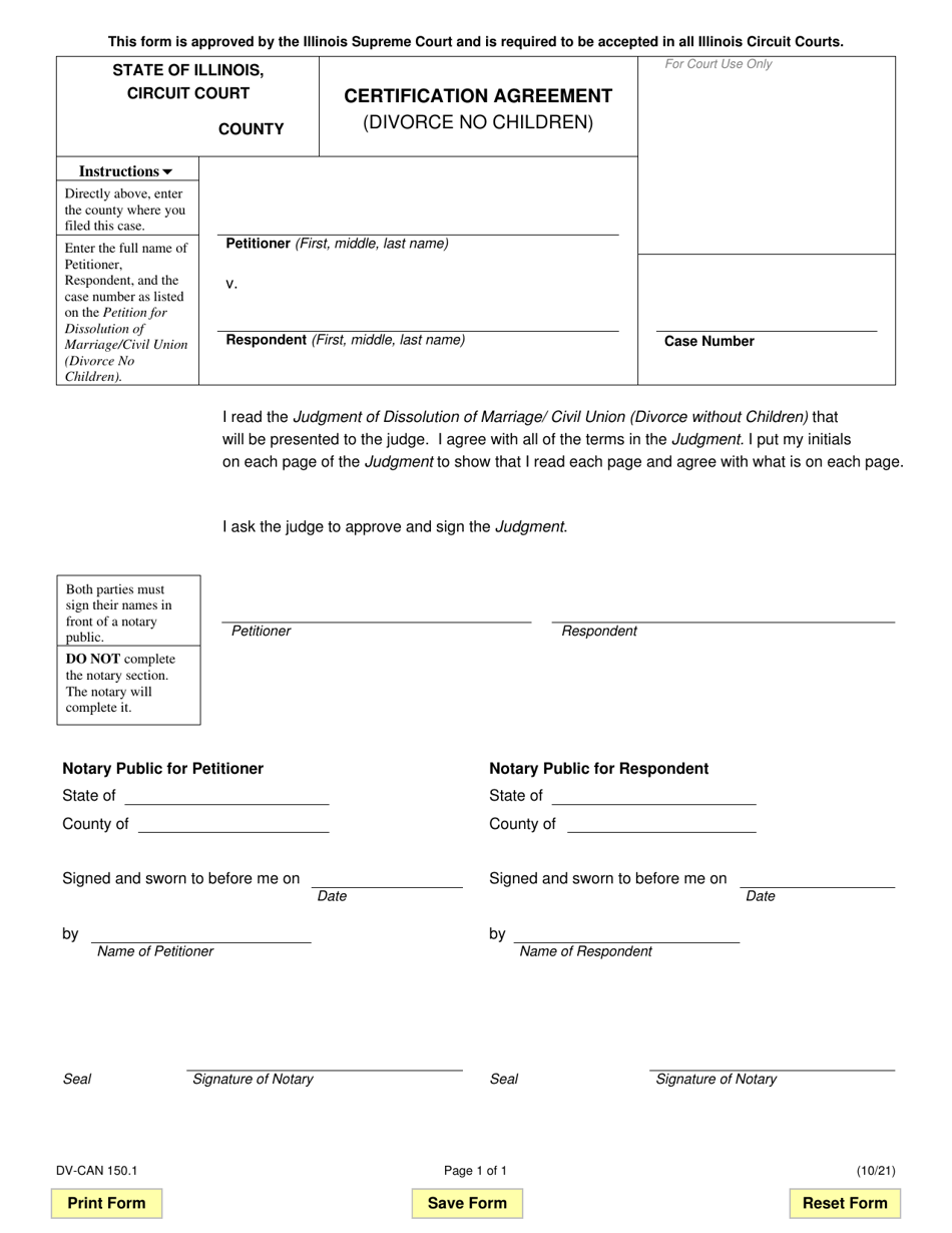 Form DV-CAN150.1 Certification Agreement (Divorce No Children) - Illinois, Page 1