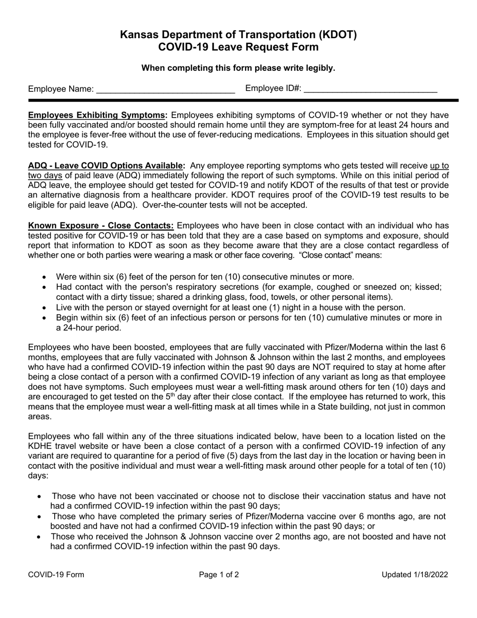Covid-19 Leave Request Form - Kansas, Page 1