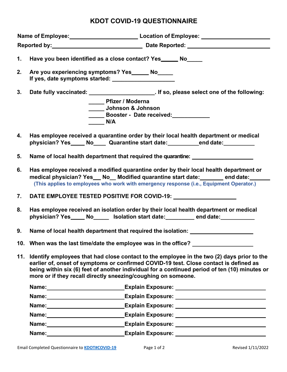 Kdot Covid-19 Questionnaire - Kansas, Page 1