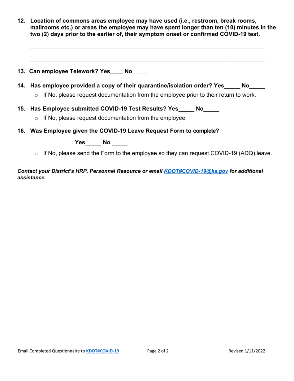 Kdot Covid-19 Questionnaire - Kansas, Page 2