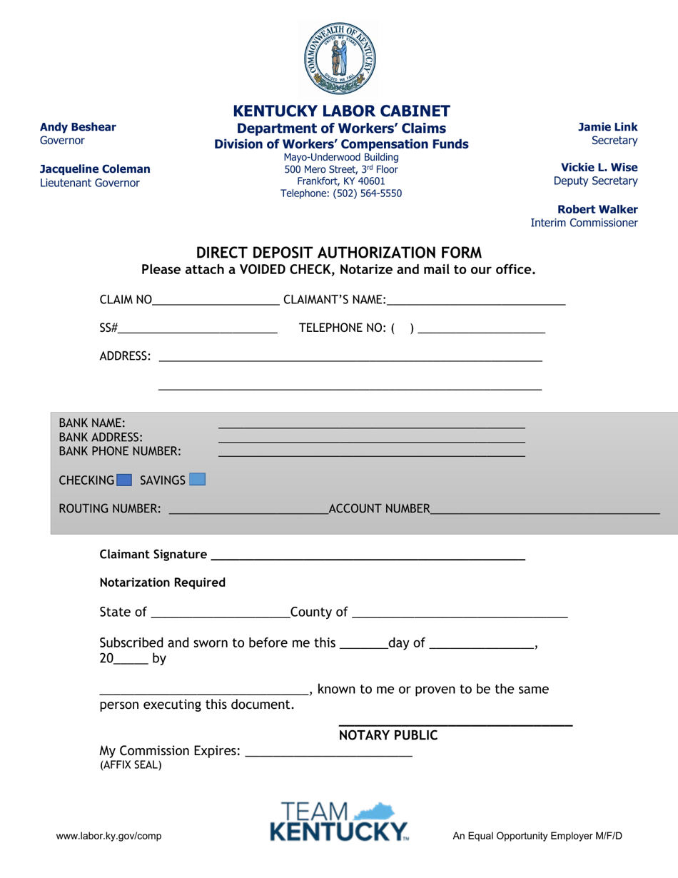 Direct Deposit Authorization Form - Kentucky, Page 1