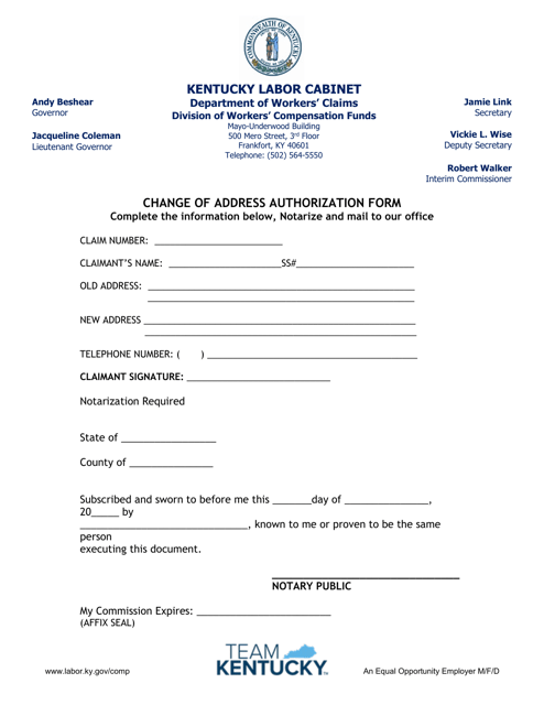 Change of Address Authorization Form - Kentucky