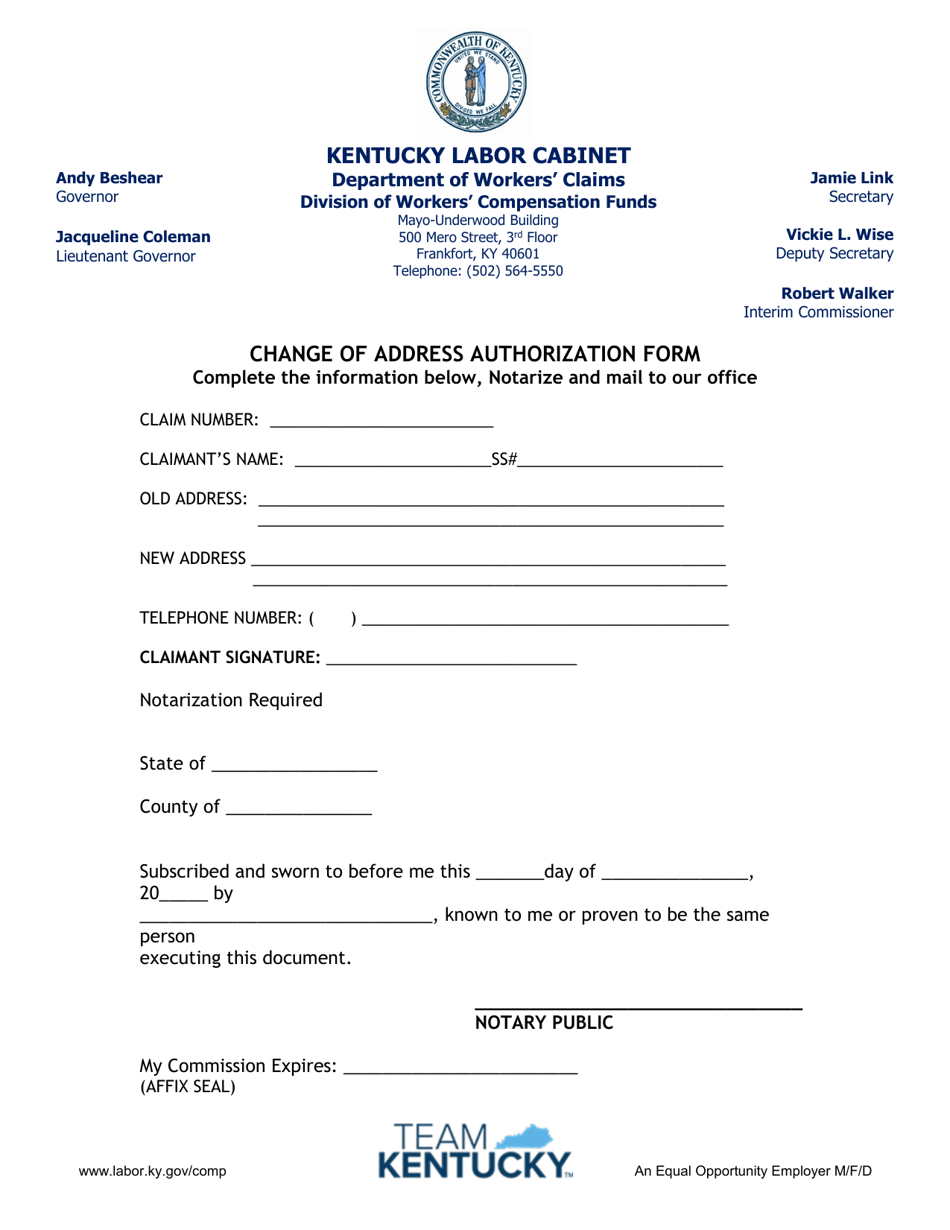 Change of Address Authorization Form - Kentucky, Page 1