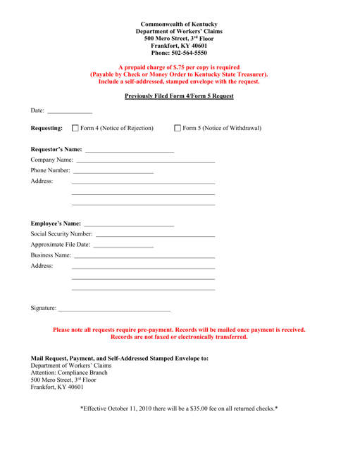 Previously Filed Form 4 / Form 5 Request - Kentucky Download Pdf
