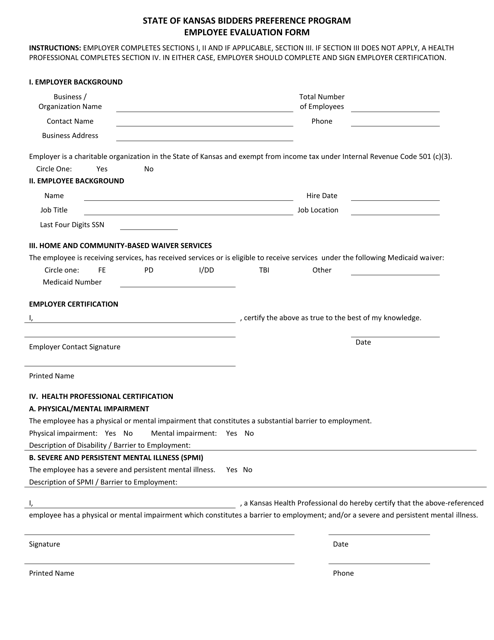 Employee Evaluation Form - State of Kansas Bidders Preference Program - Kansas
