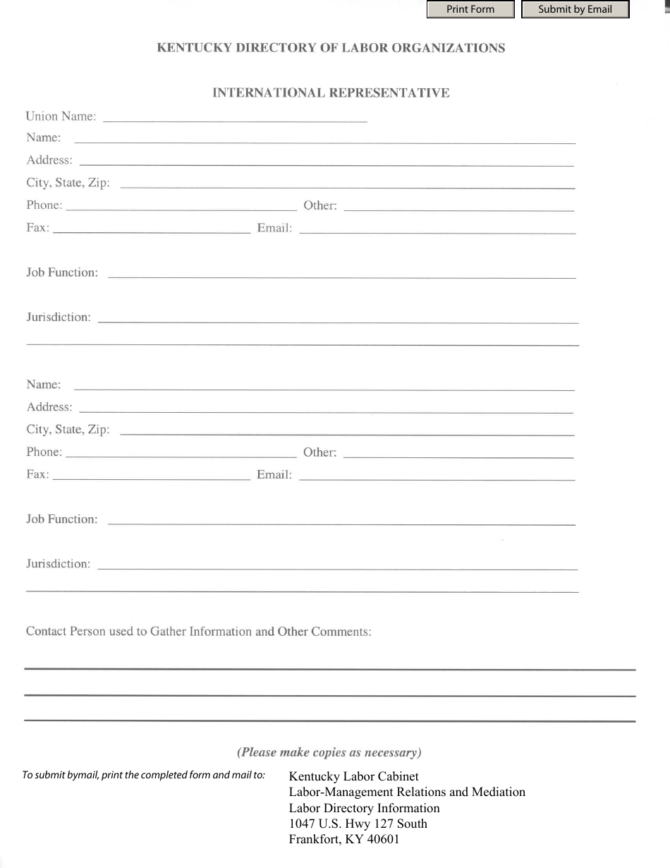 International Representatives Form - Kentucky, Page 1