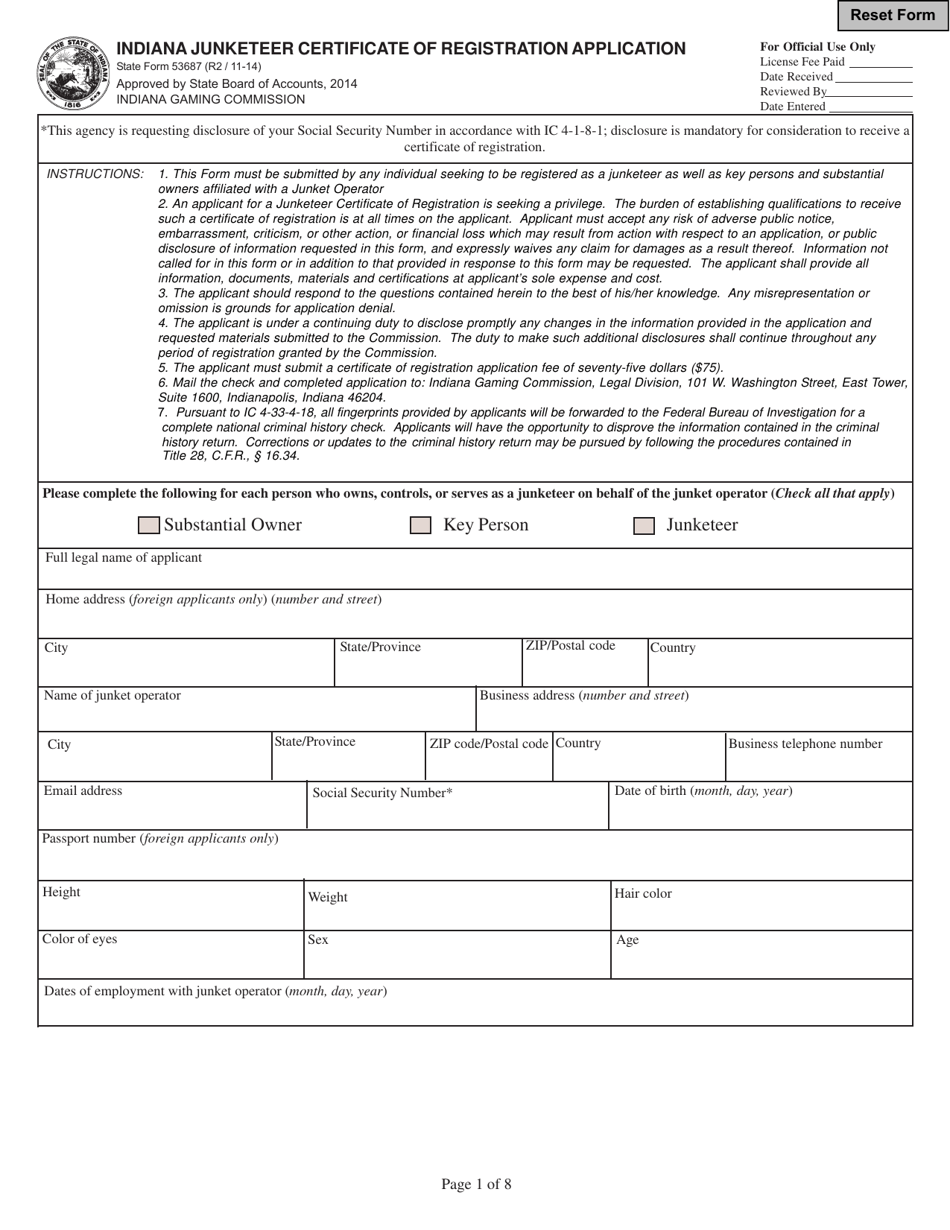 State Form 53687 Indiana Junketeer Certificate of Registration Application - Indiana, Page 1