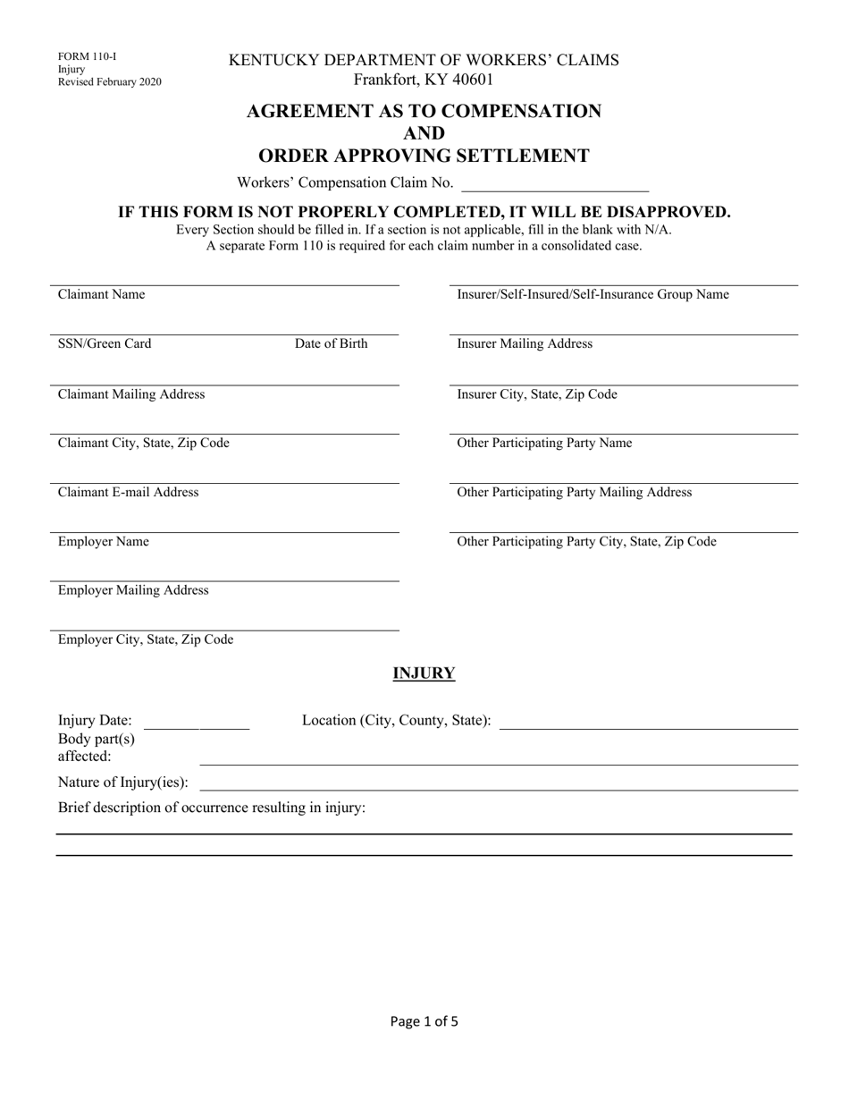 Form 110-I Agreement as to Compensation and Order Approving Settlement - Injury - Kentucky, Page 1