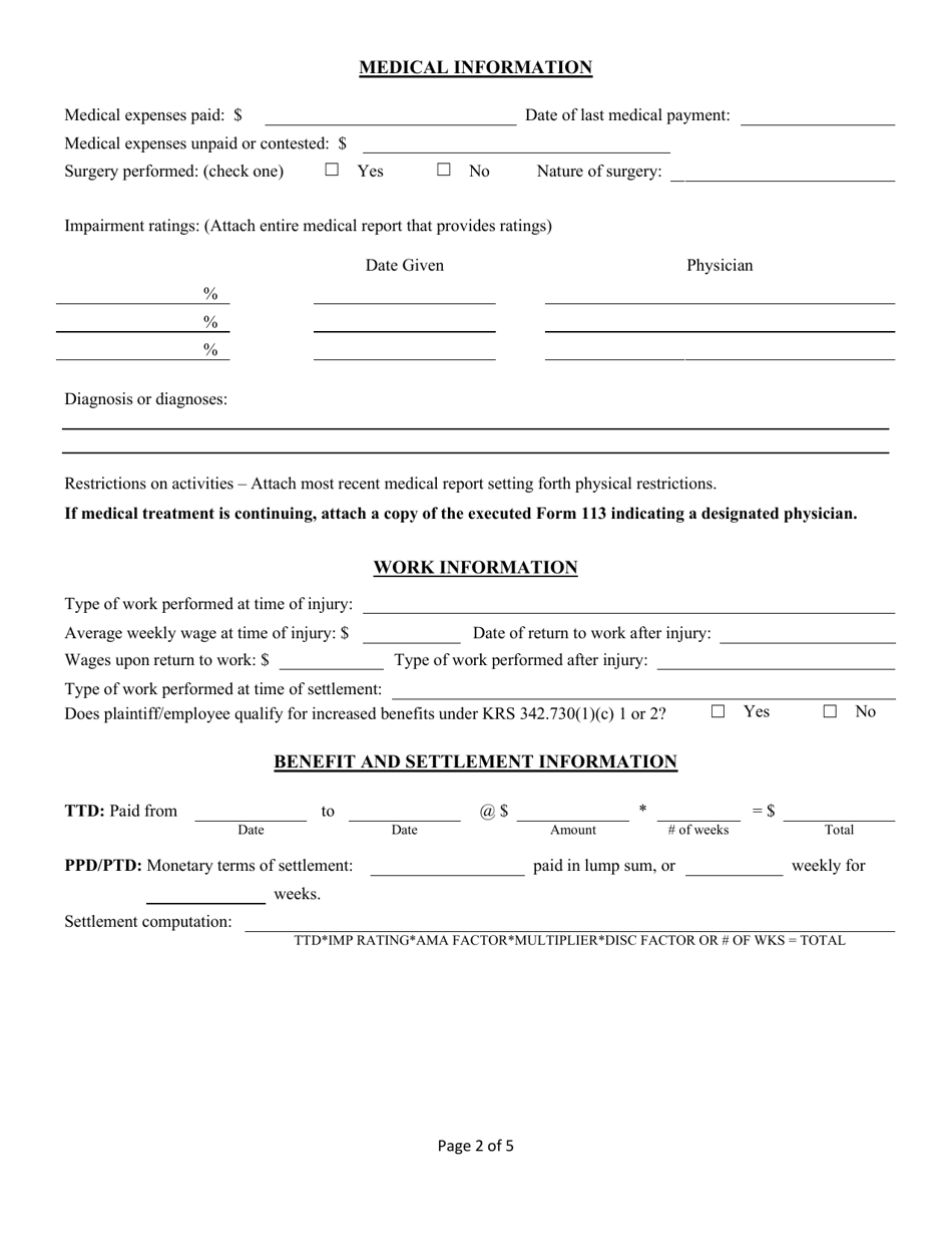 Form 110-I Agreement as to Compensation and Order Approving Settlement - Injury - Kentucky, Page 2