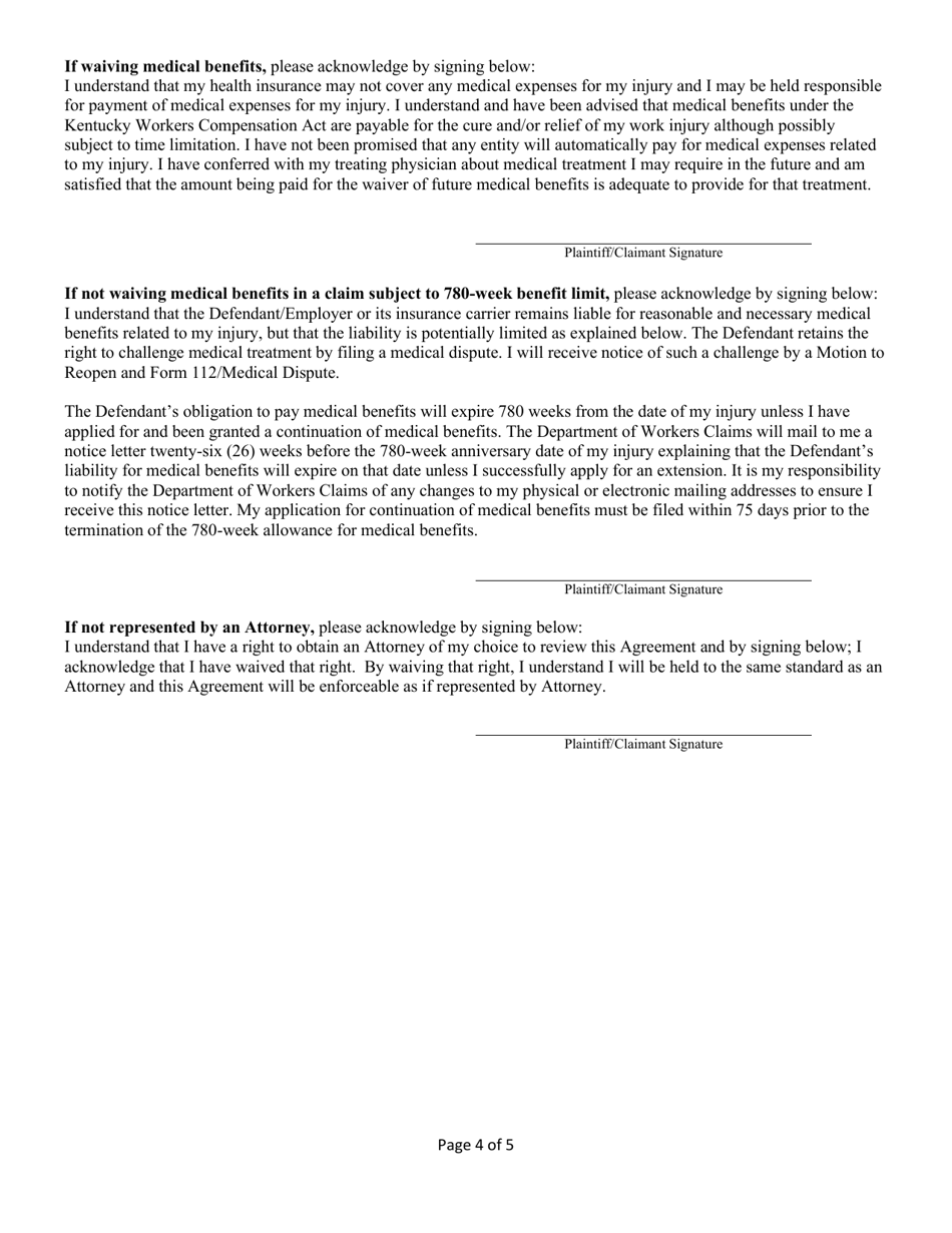 Form 110-I Agreement as to Compensation and Order Approving Settlement - Injury - Kentucky, Page 4