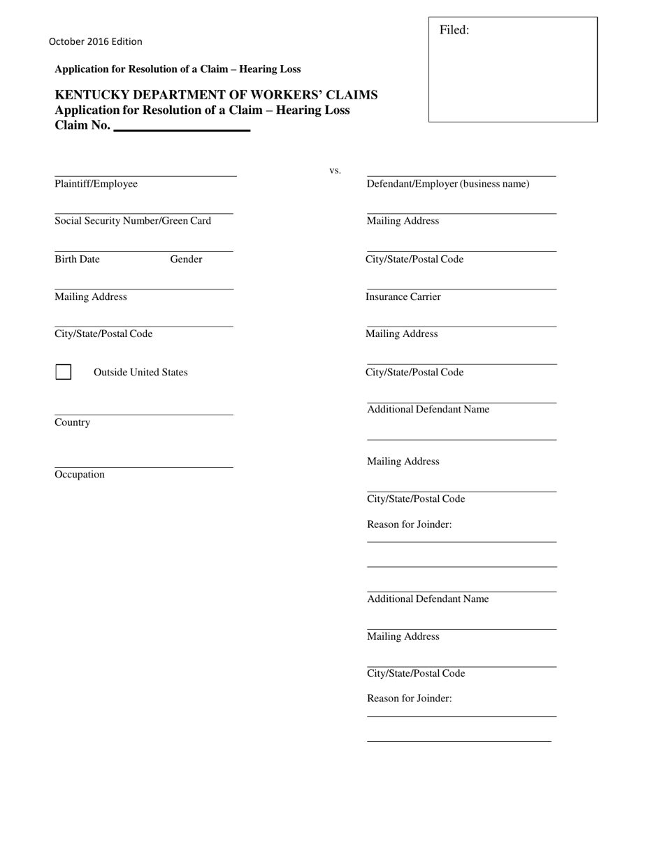 Application for Resolution of a Claim - Hearing Loss - Kentucky, Page 1