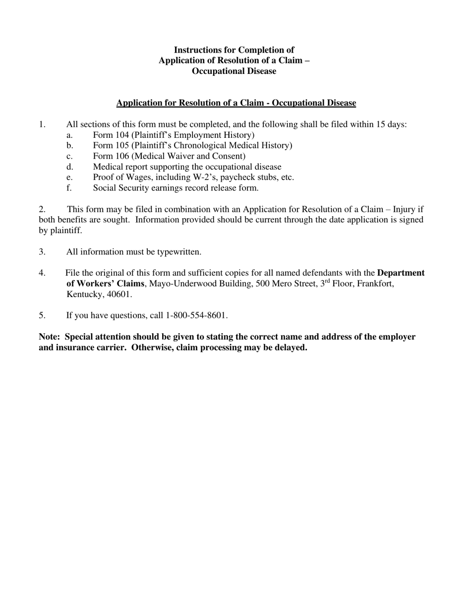 Kentucky Application for Resolution of a Claim Occupational Disease