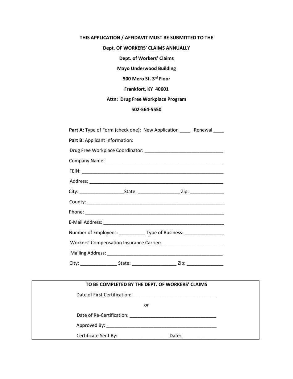 Drug-Free Workplace Application - Kentucky, Page 1