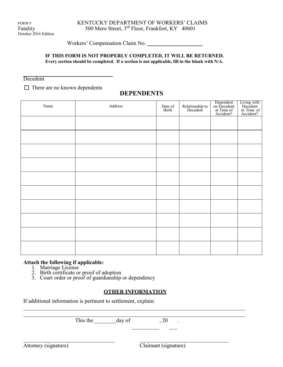 Form F Fatality Form - Kentucky, Page 1