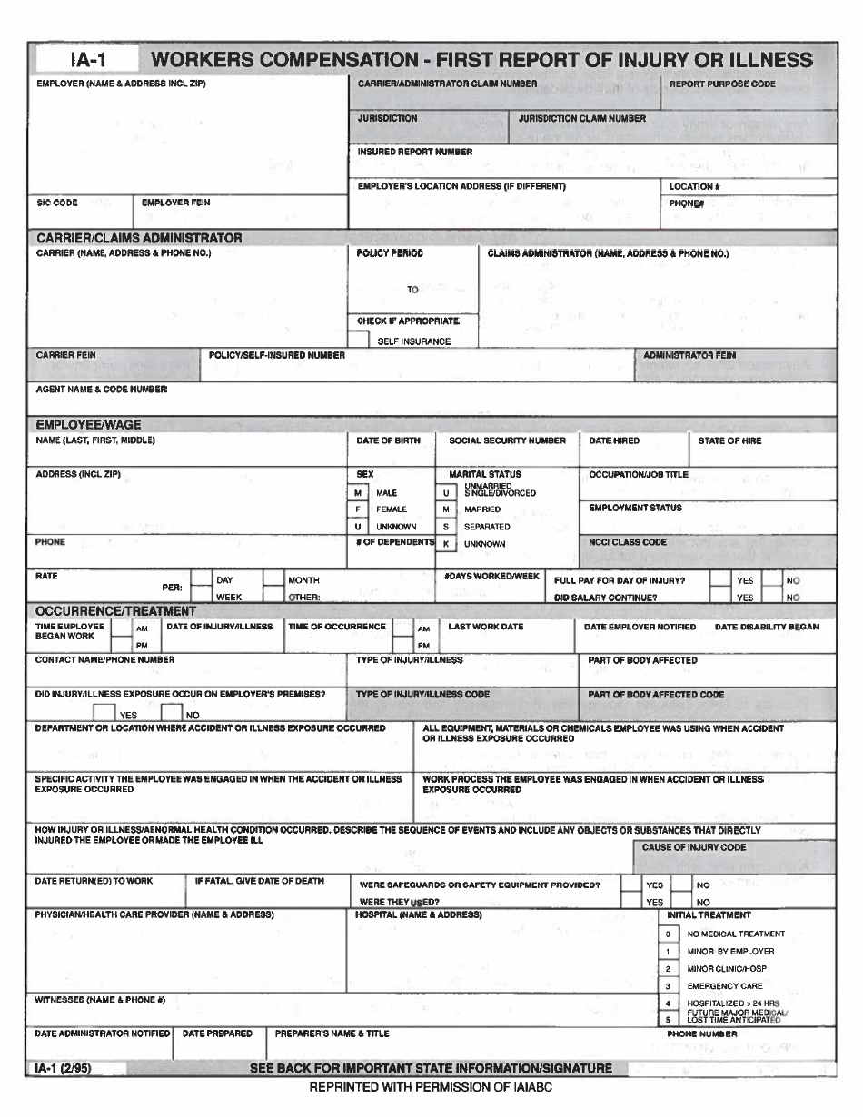 Form IA-1 Workers Compensation - First Report of Injury or Illness - Kentucky, Page 1