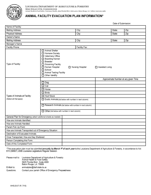 Form AHS-20-37 Animal Facility Evacuation Plan Information - Louisiana