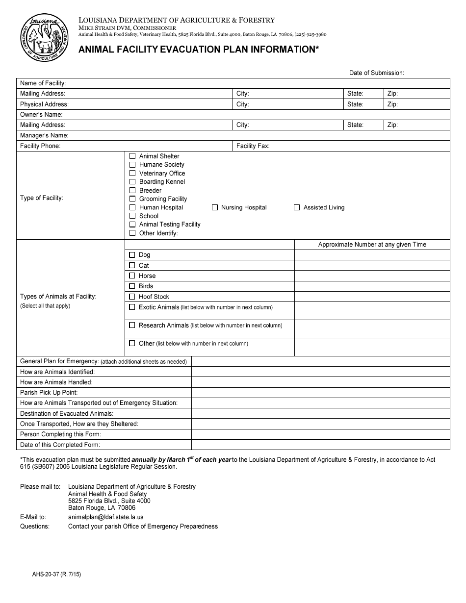 Form AHS-20-37 Animal Facility Evacuation Plan Information - Louisiana, Page 1