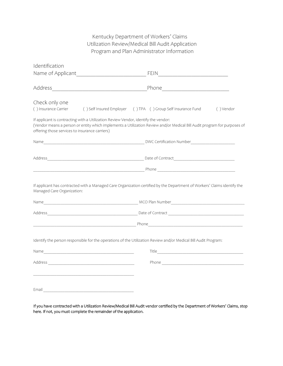 Utilization Review / Medical Bill Audit Application - Kentucky, Page 1