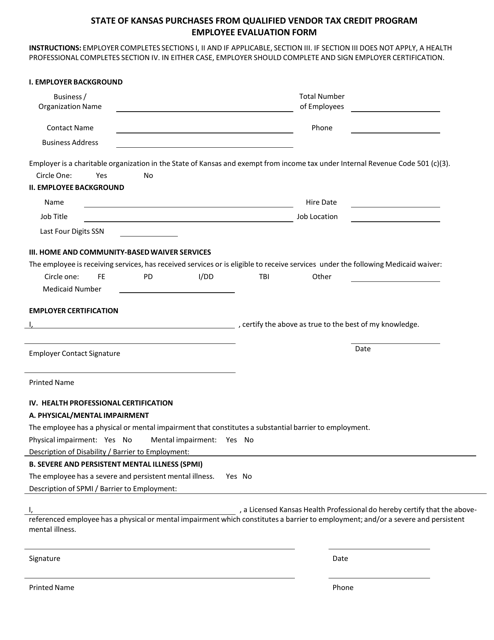 Employee Evaluation Form - State of Kansas Purchases From Qualified Vendor Tax Credit Program - Kansas Download Pdf